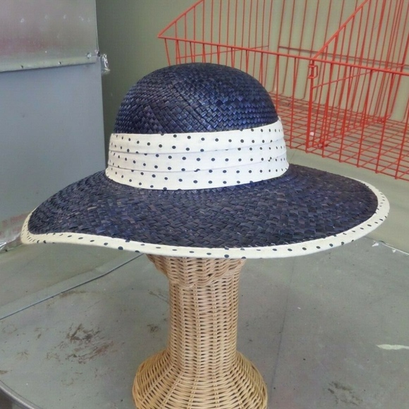 Navy Blue & white/cream polka dot Straw hat - Picture 4 of 5